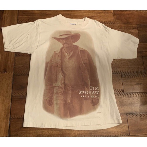 Vintage 90s Tim McGraw All I Want Large Print Tan TShirt Sz Large USA MADE, Wow! - Picture 1 of 10